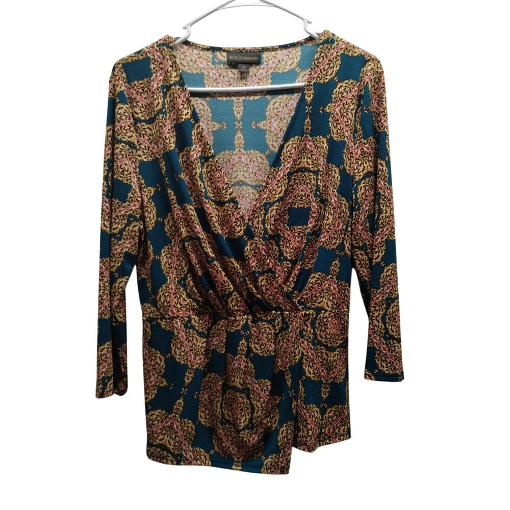 Bold Elements Size Medium Teal & Gold Patterned Faux Wrap Asymmetric Top